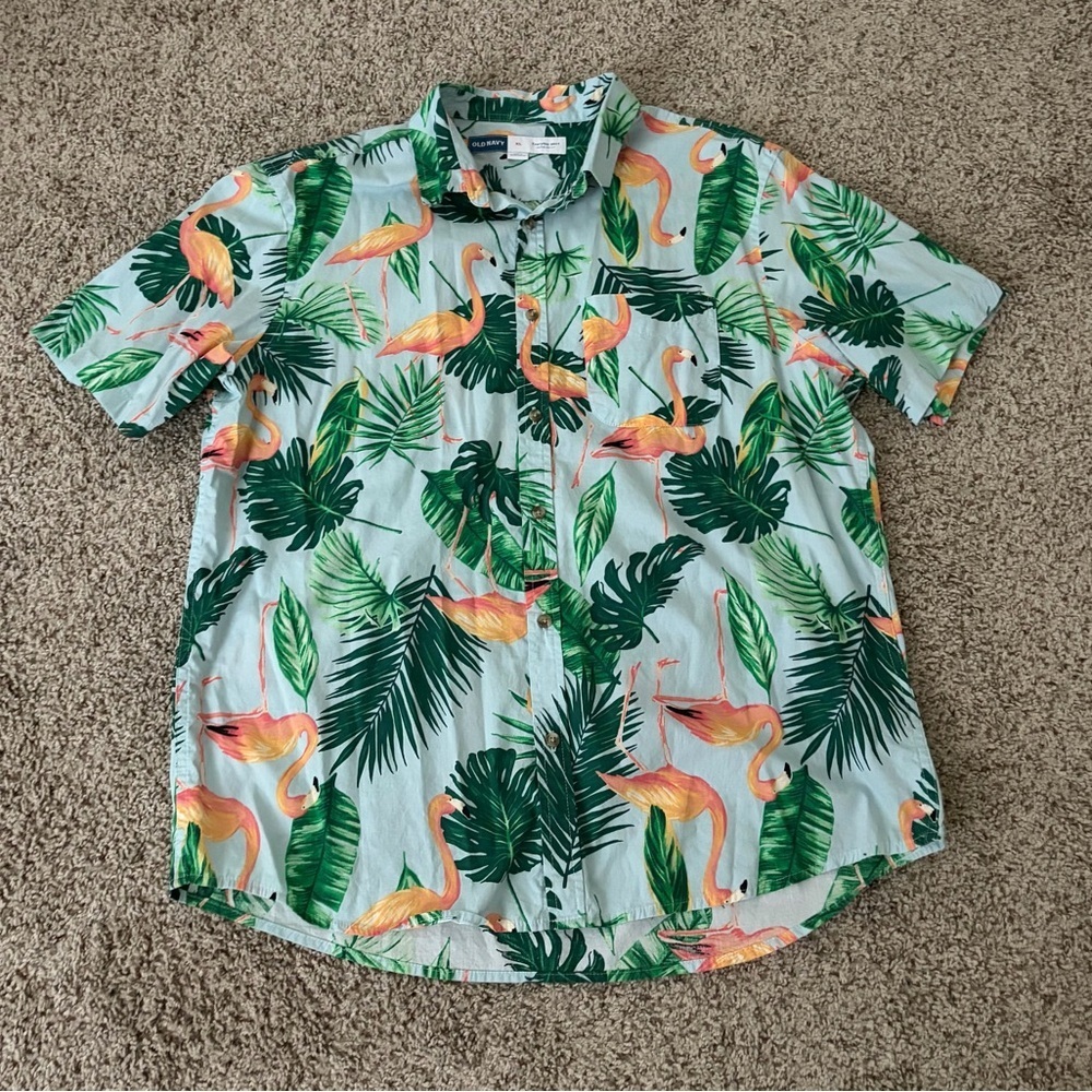 Old Navy Men's Green Flamingo Print Shirt